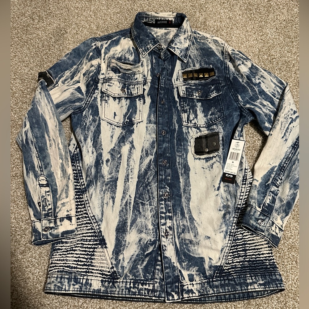 Imperious New York Denim Ripped button up shirt Blue Medium Mens 100% Cotton